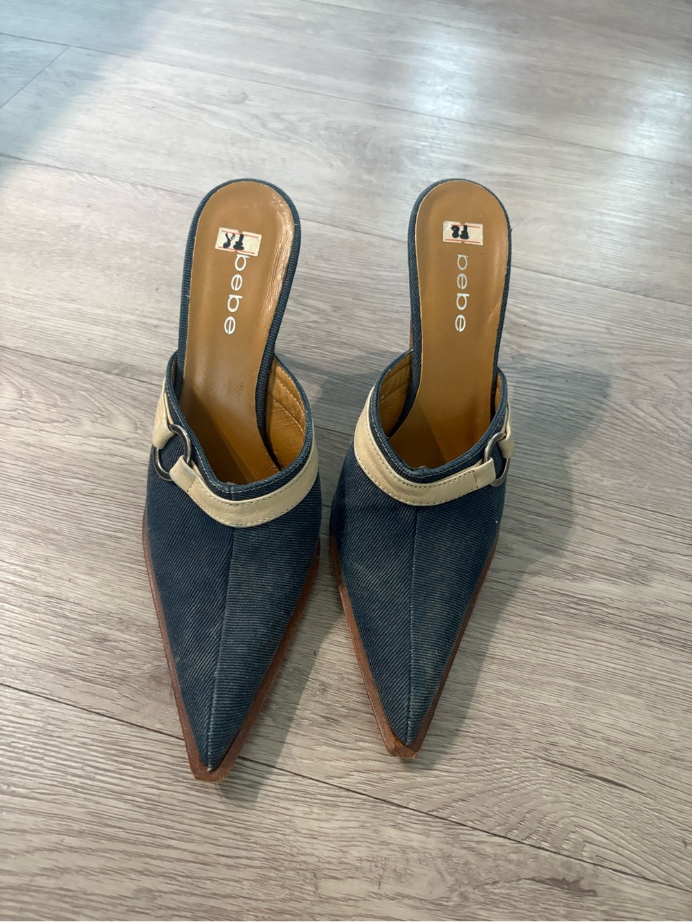 bebe Navy Pointed-Toe Slip-On Mules with Cream Strap